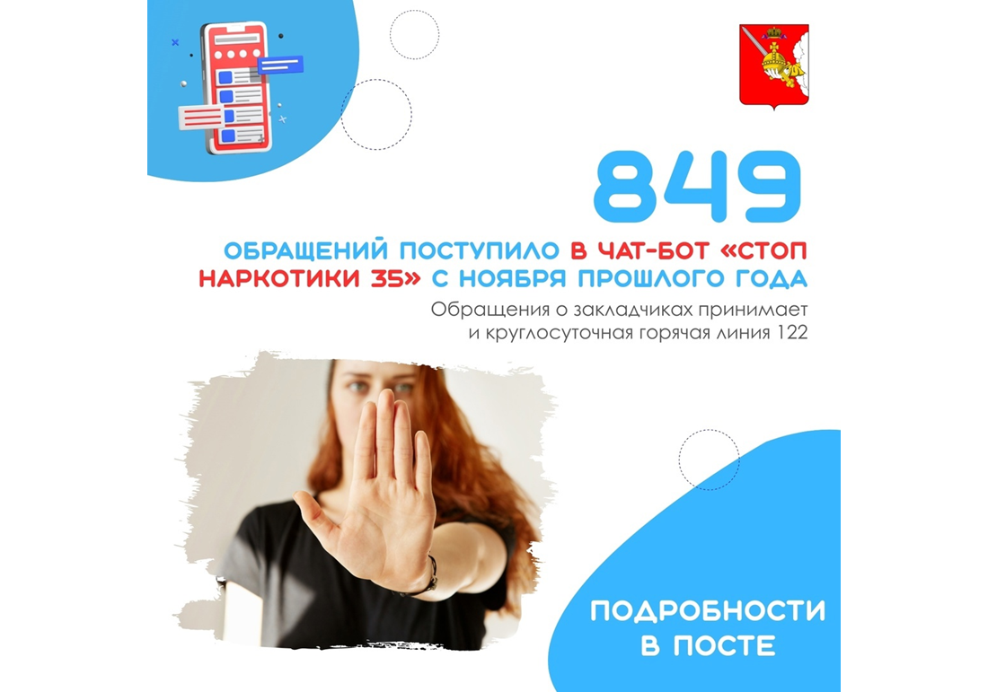 849 сообщений отправили вологжане в чат-бот «СТОП наркотики 35» с момента его создания – с ноября прошлого года.