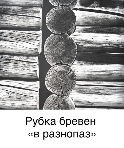 Рубка бревен «в разнопаз» – часть бревен имеет по два паза – сверху и снизу, а другие – остаются круглыми в сечении (фото из книги А. Ополовникова).
